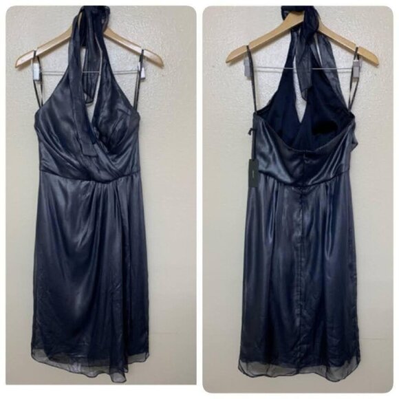 Vera Wang Satin Chiffon Halter V Neck Cocktail Dress Size 6 Navy Metallic - Picture 2 of 11